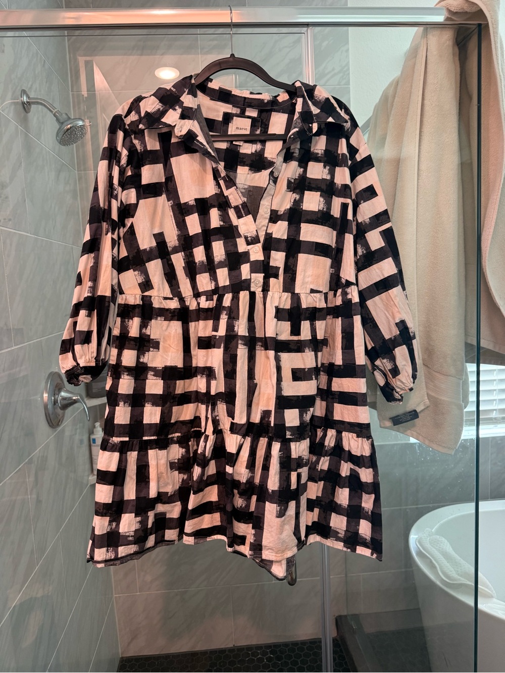 Black & White Grid Print Tiered Shirt Dress